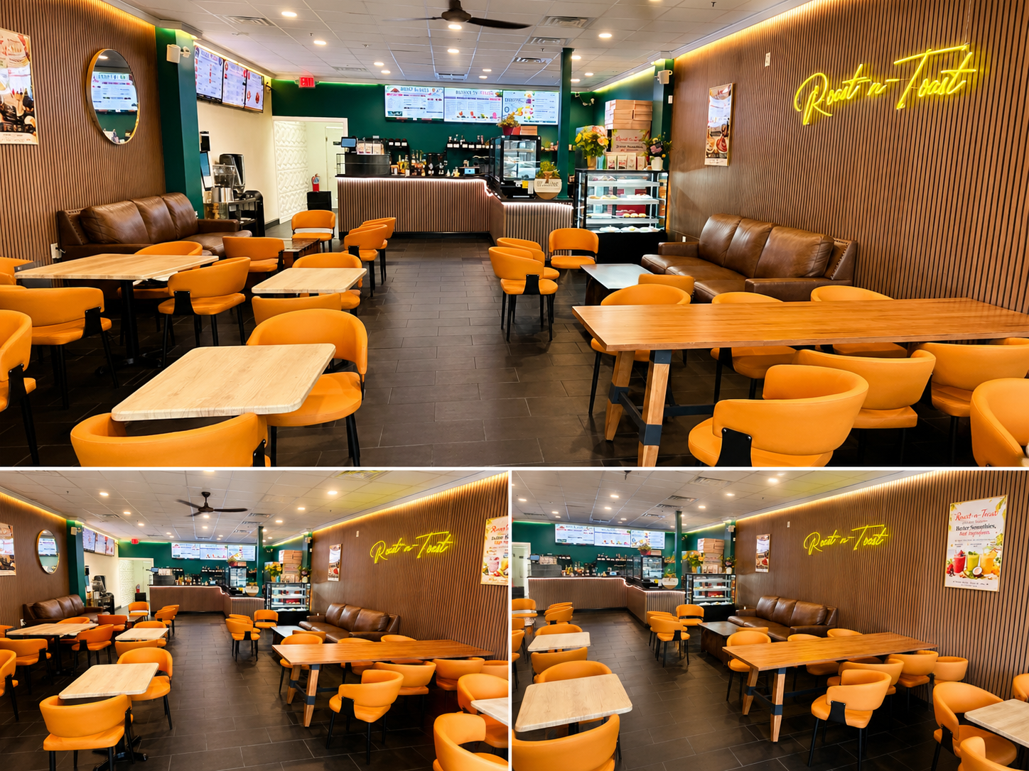Warm wood, emerald green and amber seating inside Roast-n-Toast